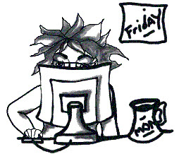 A marker drawing of Shannon at her computer, coffee gone cold, drawn by her daughter Amanda in fifth grade.