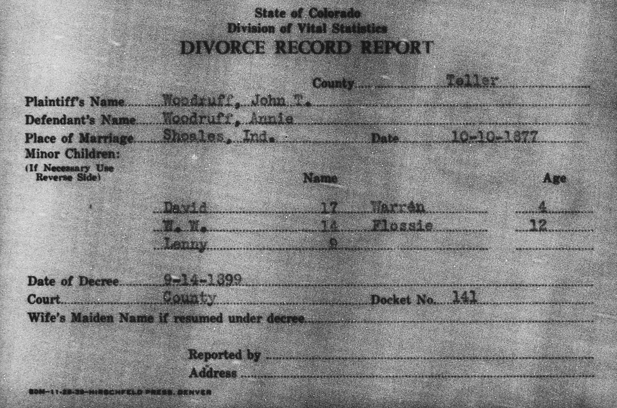 Typewritten and handwritten State of Colorado Division of Vital Statistics divorce record report...
