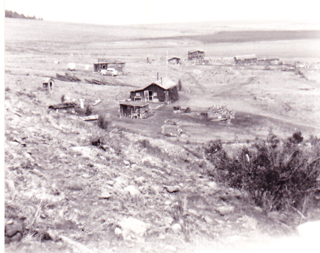 Black-and-white photograph of the Lane ranch on Moonshine Mesa, cropped to the cabin, outbuildings, and parked truck.