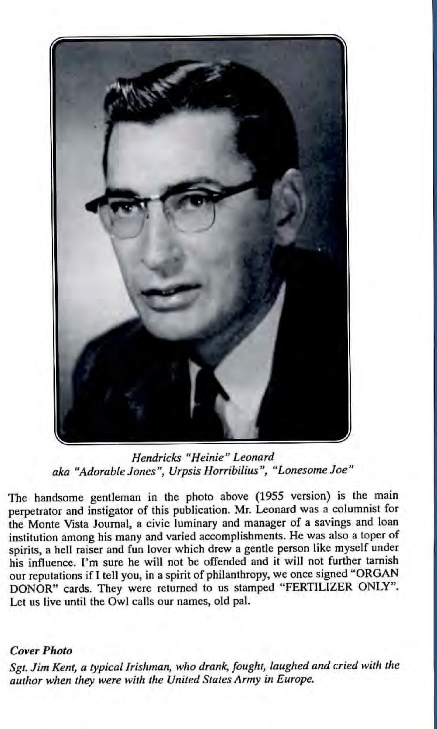 Back cover of "Echoes from the Thundermug," a 1955 portrait of Hendricks "Heinie" Leonard in glasses and a suit.