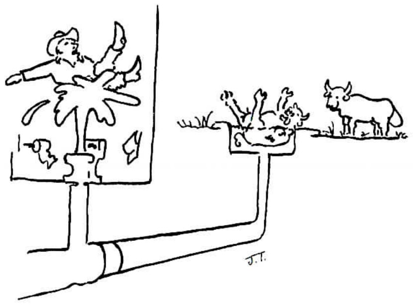 Pen-and-ink cartoon of a small outhouse over a cesspool, with a cow standing on the collapsed platform above and a startled man's hat and papers flying up through the roof.