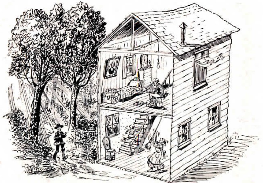 Black-and-white pen-and-ink drawing, printed inside the front cover, of the same cutaway two-story house: a man on a chamber pot upstairs, a child on the stairs, a woman with a broom below, and a hatted man with a book approaching outside.