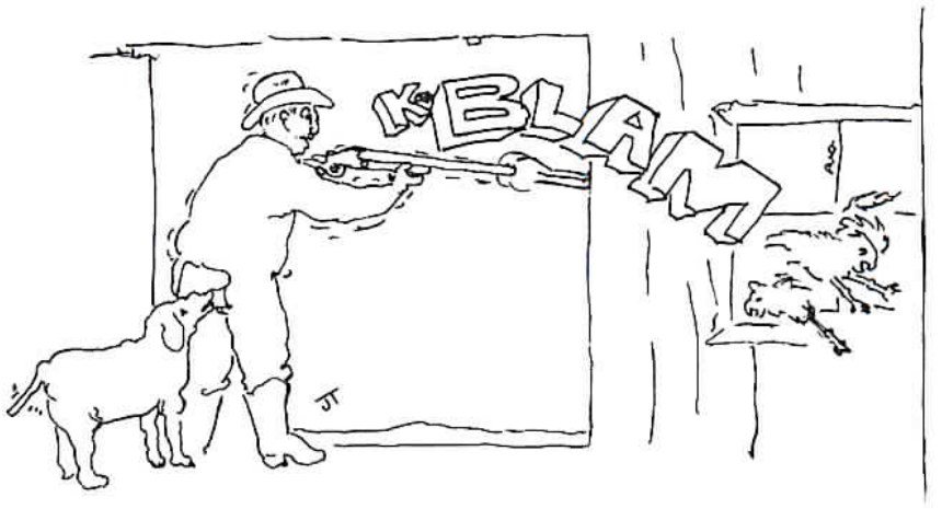 Pen-and-ink cartoon of a man in long underwear firing a shotgun into a chicken coop, the word KBLAM in large jagged letters above him, feathers and a startled rooster flying.