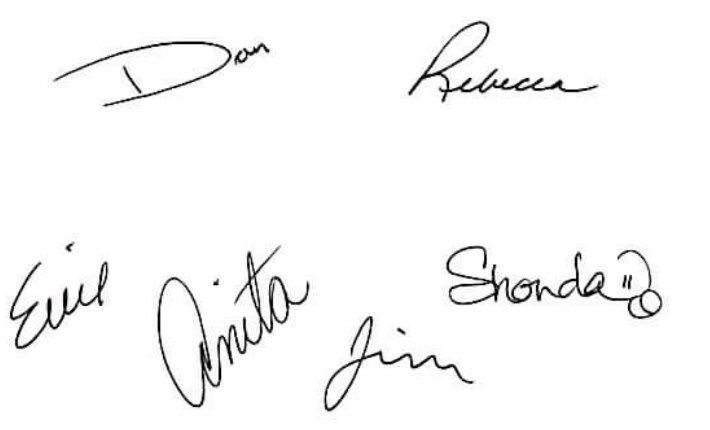Six handwritten first-name signatures in different hands on the copyright page, one followed by a small drawn smiley face.