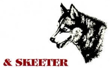 Pen-and-ink drawing of a Siberian Husky's head in profile, with the words "& SKEETER" printed in red beneath it.