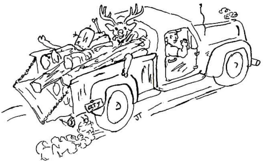 Pen-and-ink cartoon of a pickup truck loaded with aspen logs and a hanging deer carcass, dripping a trail of fluid, driven by a man drinking from a bottle while a driver behind honks his horn.