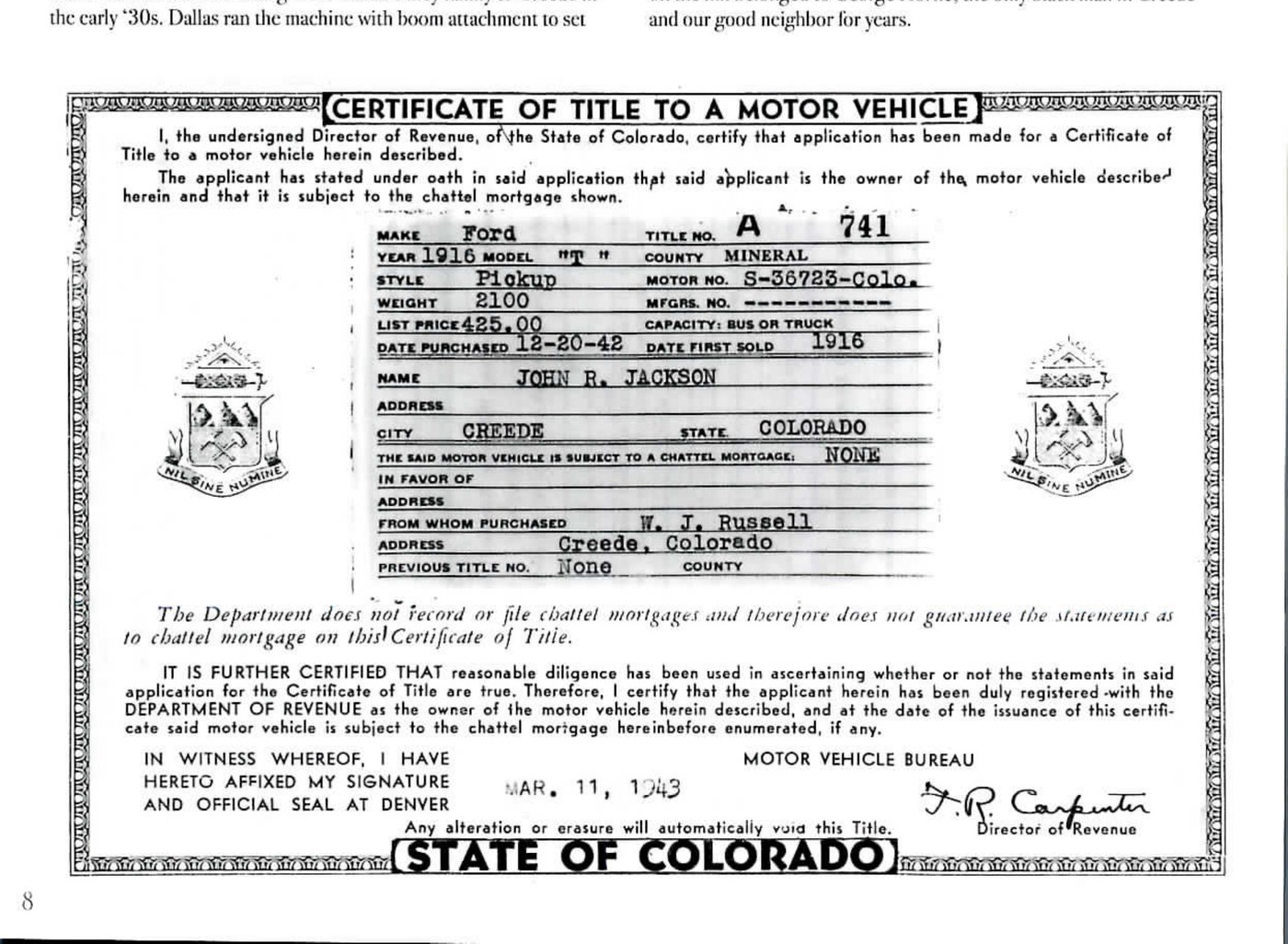 Reproduced 1943 Colorado Certificate of Title to a Motor Vehicle, listing a 1916 Ford Model T pickup owned by John R. Jackson of Creede, purchased from W. J. Russell, dated March 11, 1943