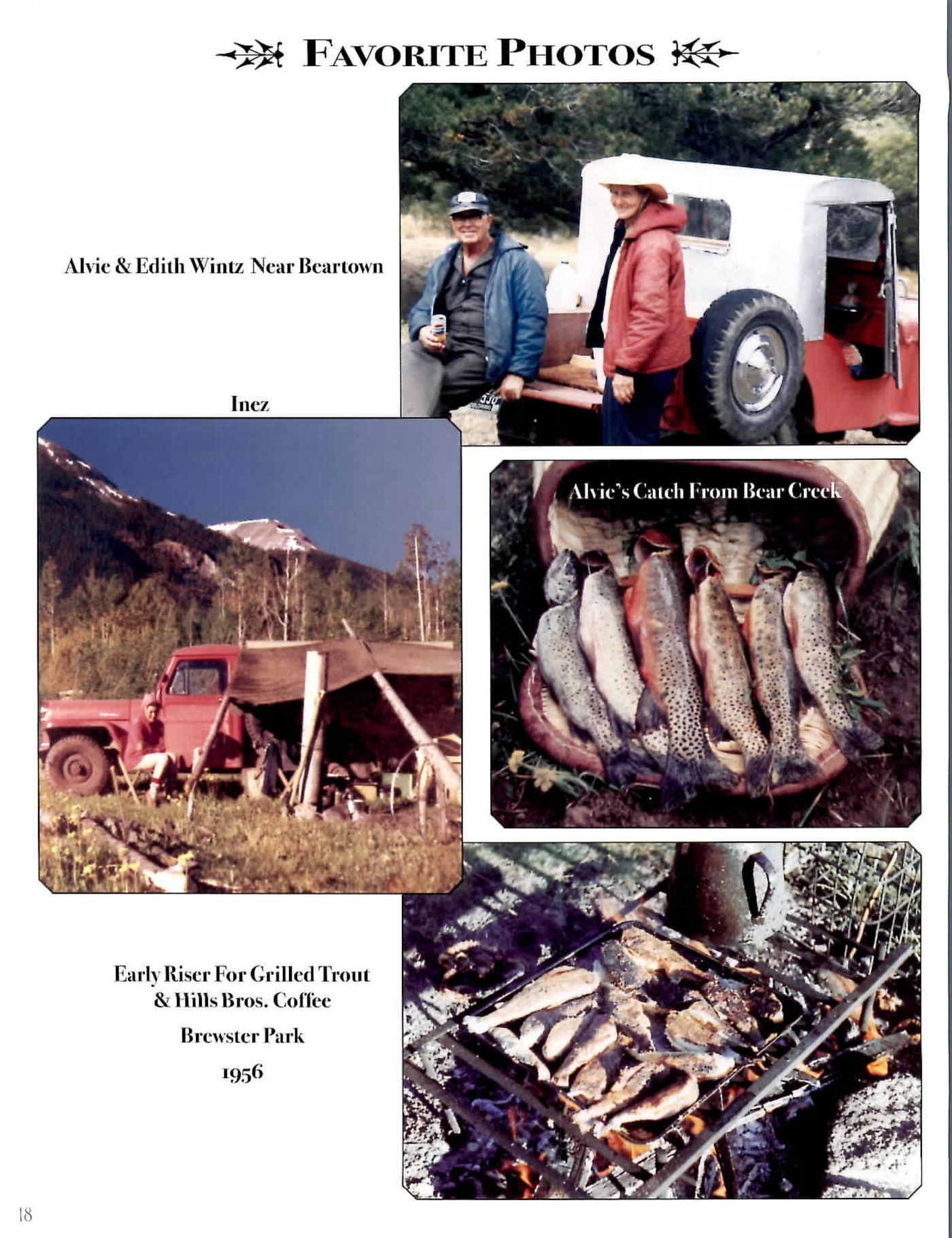 Page of four photographs captioned Favorite Photos: a man and woman by a truck, captioned Alvie and Edith Wintz Near Beartown; a red pickup truck camp in the mountains, captioned Inez; a basket of trout, captioned Alvie's Catch From Bear Creek; and trout grilling over a campfire, captioned Early Riser For Grilled Trout and Hills Bros. Coffee, Brewster Park, 1956