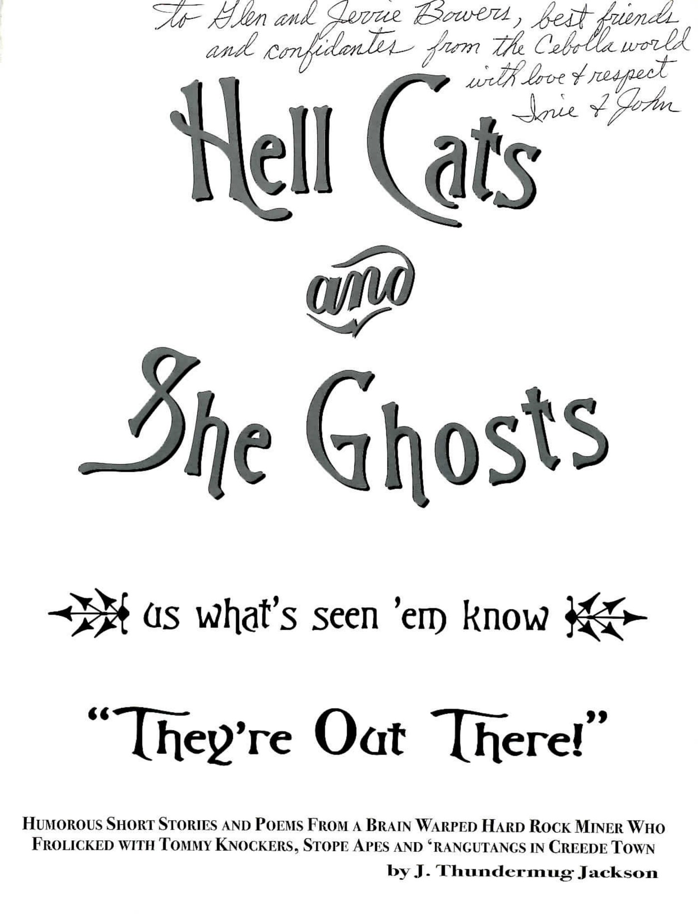 Title page reading Hell Cats and She Ghosts in large cursive lettering, with a handwritten inscription across the top
