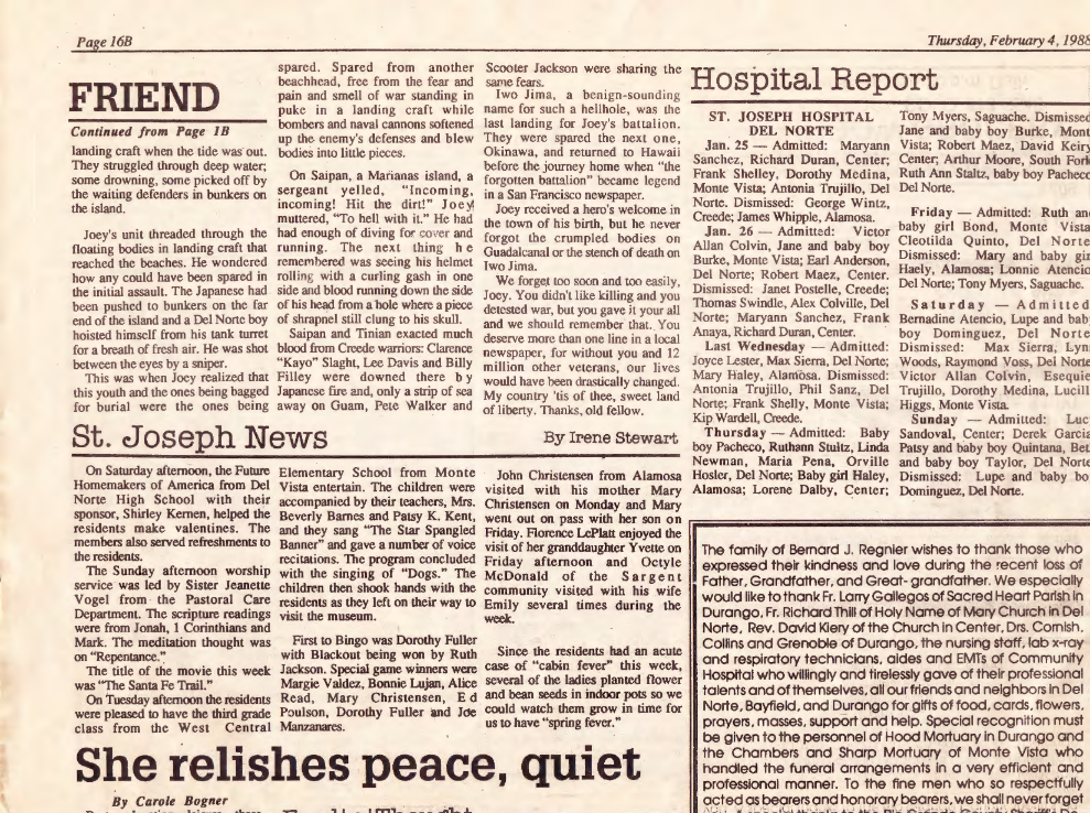 Newspaper page 16B, headed 'FRIEND, Continued from Page 1B,' with the remainder of the article text alongside a 'Hospital Report' column.
