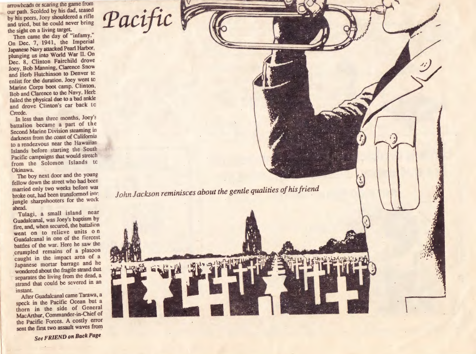 Continuation of the newspaper column under a 'Pacific' masthead, with an illustration of a bugler and a military cemetery, captioned 'John Jackson reminisces about the gentle qualities of his friend.'