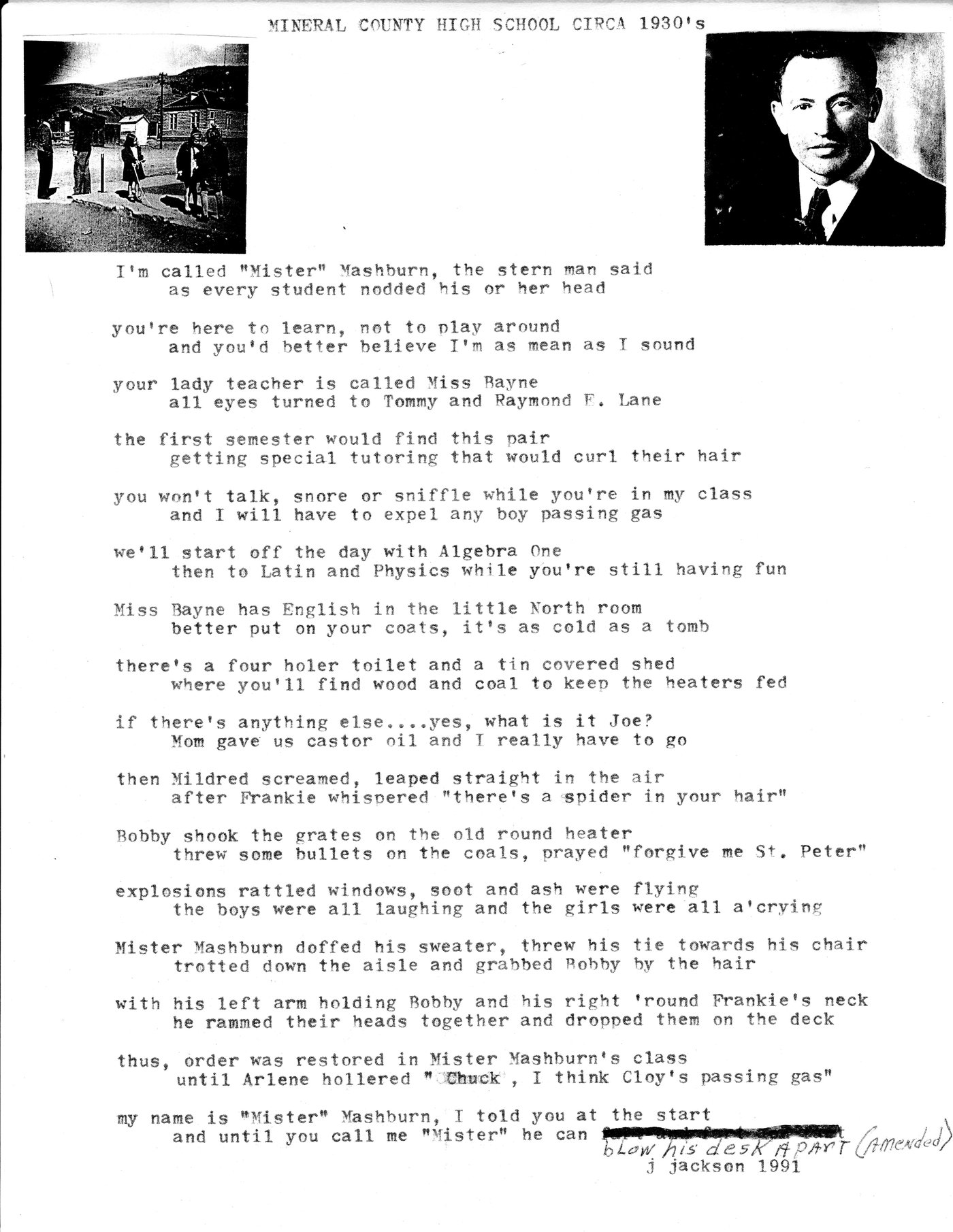 Scan of the full typed sheet: the heading Mineral County High School Circa 1930's, a street photograph at top left and a man's portrait at top right, the poem in typewriter type below, the final words blacked out with a handwritten replacement, and the signature j jackson 1991.
