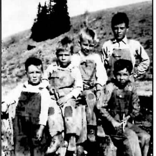 Black-and-white photograph of five boys posed on a grassy hillside, four standing in overalls and work shirts and one seated in overalls in front of them, a wooded slope behind them.
