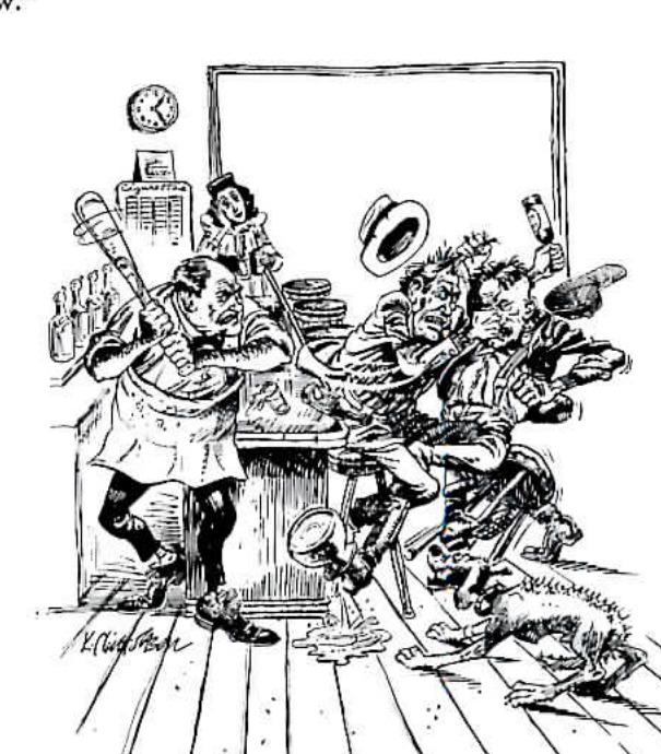 Cartoon illustration of a bar brawl: a man swinging a baseball bat, a man throwing a glass, a startled bartender, a spilled drink, and a dog fleeing underfoot.