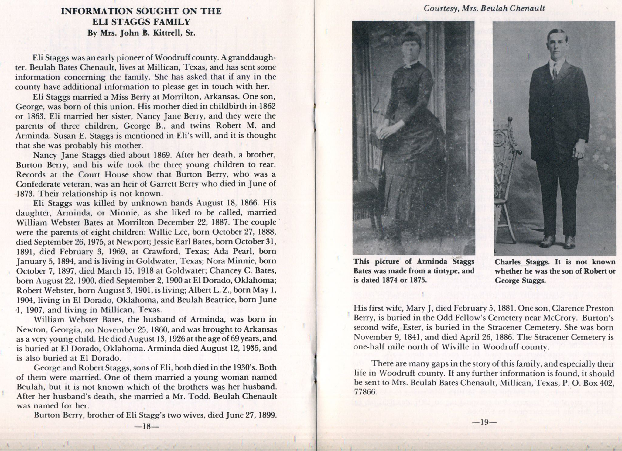 Scanned two-page spread from the 1981 Woodruff County Historical Society newsletter, headlined 'Information Sought on the Eli Staggs Family,' with two photographs: a tintype-derived portrait of Arminda 'Minnie' Staggs Bates and a photograph of Charles Staggs.