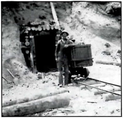 Black-and-white photograph of a man in a cap, work clothes and hard hat leaning on an ore car at the timbered portal of a mine tunnel, with a rail track running out from the portal and a hillside of rubble and logs in the foreground.