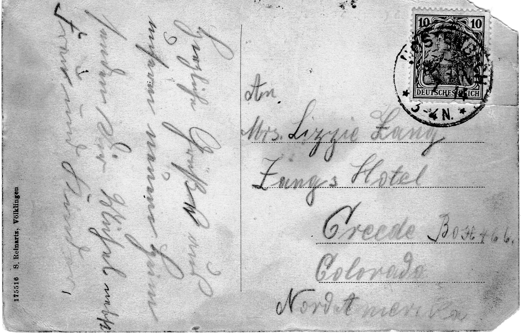 Address side of a German postcard. At left, four lines of faded pencil handwriting in old German script run sideways. At right, the address reads An Mrs. Lizzie Zang, Zangs Hotel, Creede Box 466, Colorado, Nord Amerika. A 10-pfennig Deutsches Reich Germania stamp at upper right is cancelled by a circular postmark whose date is largely obscured. The upper right corner of the card is torn away.